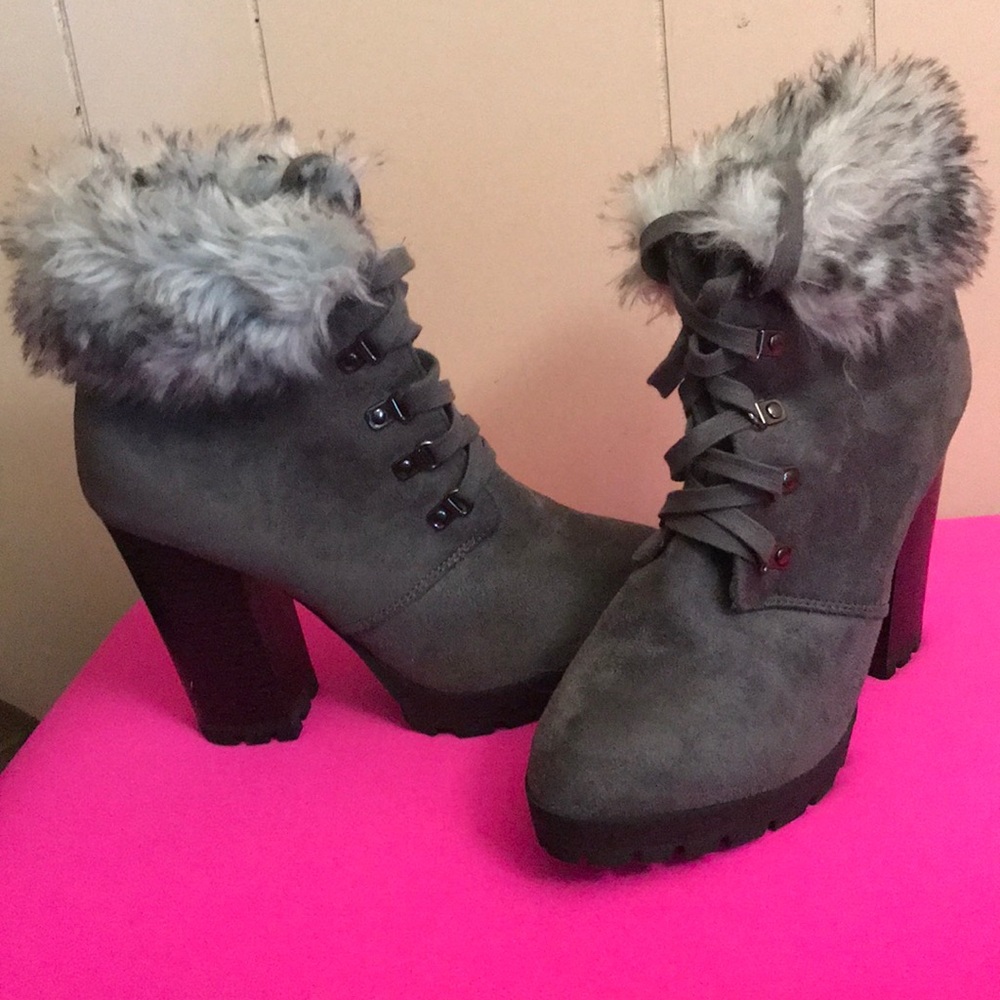 Grey ankle high heel boots